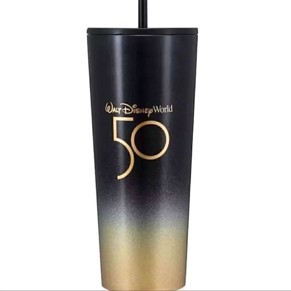RARE Walt Disney World 50th Anniversary Luxe Logo Starbucks Tumbler Black / Gold